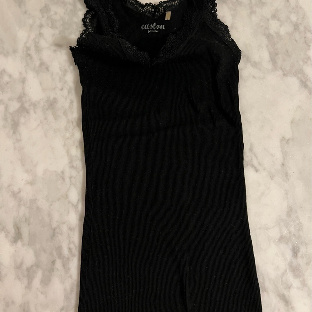 EUC Caslon 100% cotton rib knit tank lace trim tank top lettuce edge hem sz S - Picture 2 of 9